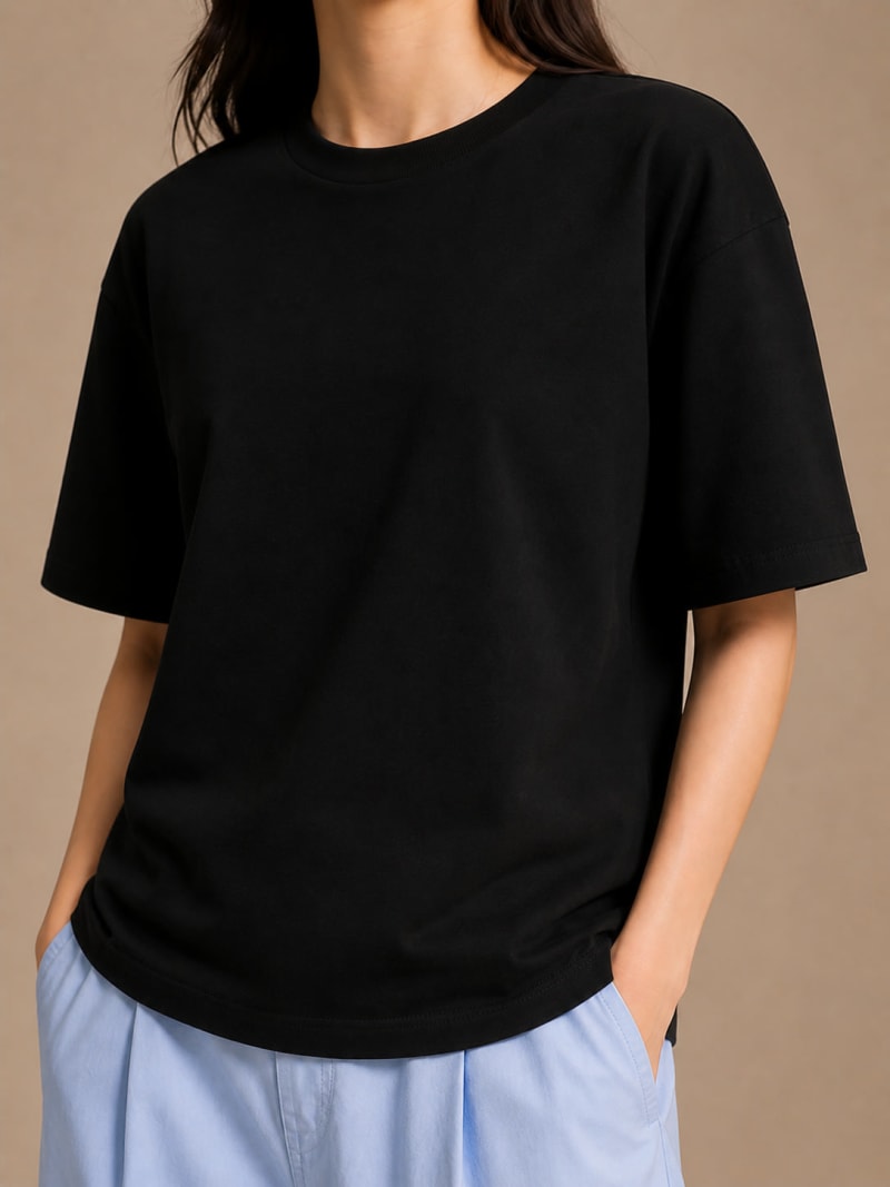 PockMAN Women Oversized Solid Pure Cotton Terry Black Tshirt - Image 5