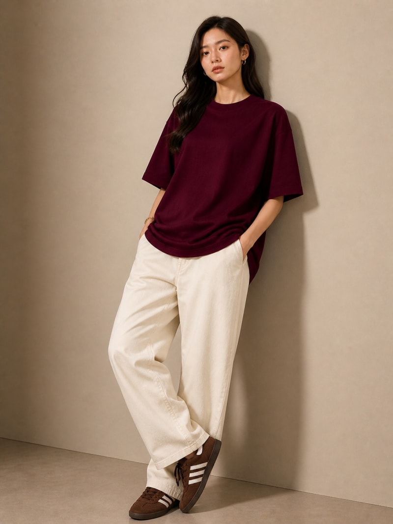 PockMAN Women Oversized Solid Pure Cotton Terry Maroon Tshirt - Image 3