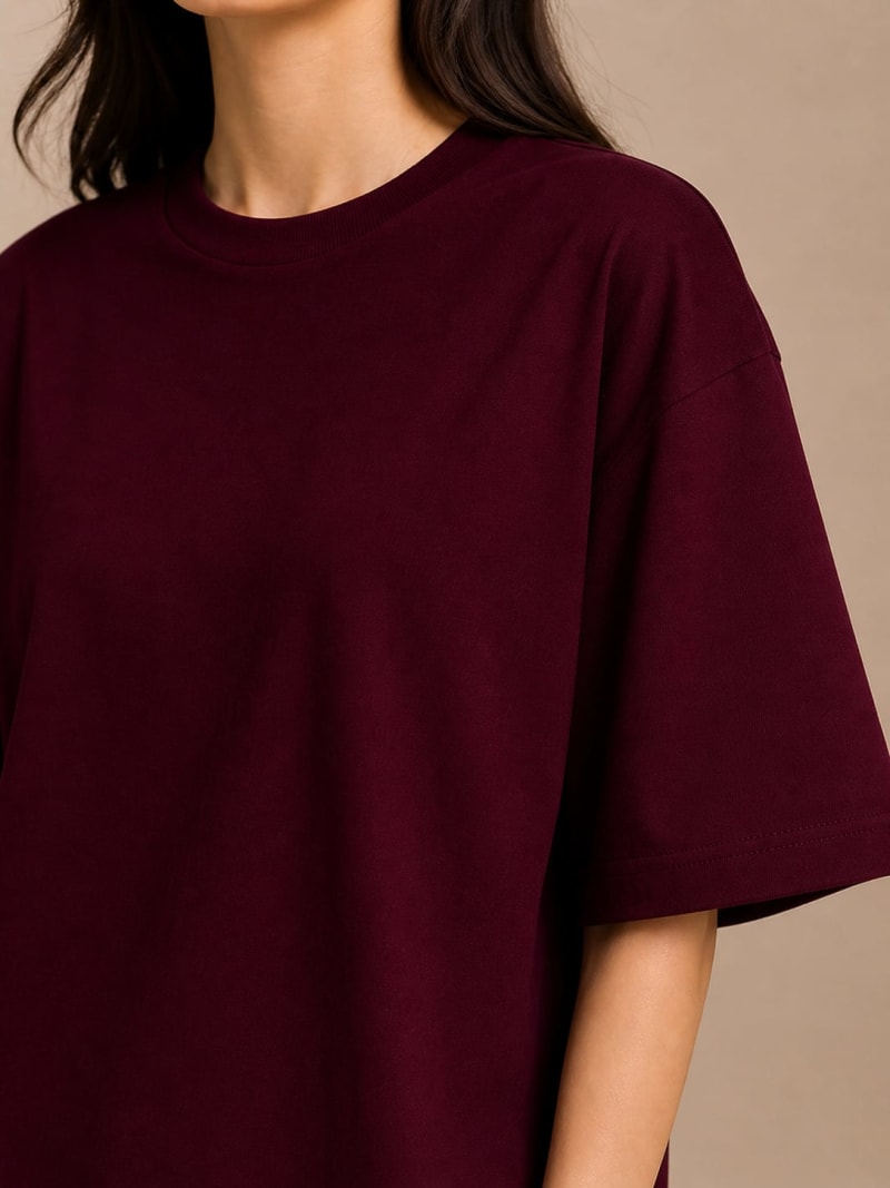 PockMAN Women Oversized Solid Pure Cotton Terry Maroon Tshirt - Image 5