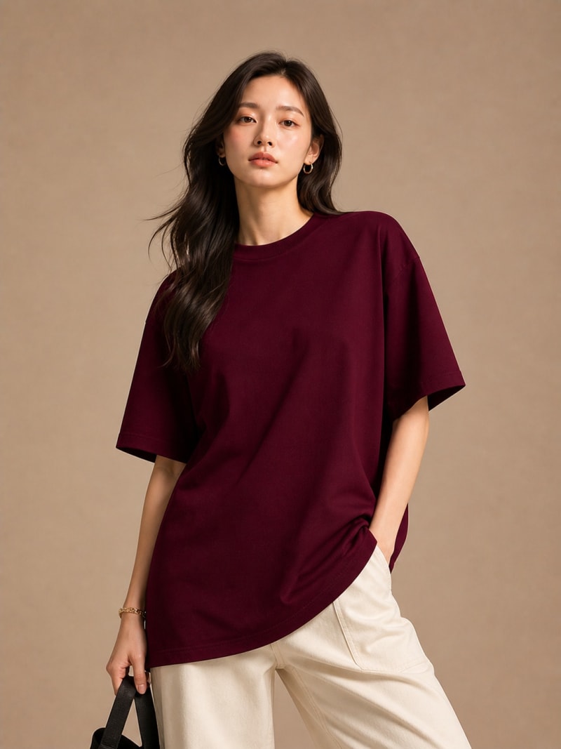 PockMAN Women Oversized Solid Pure Cotton Terry Maroon Tshirt - Image 4