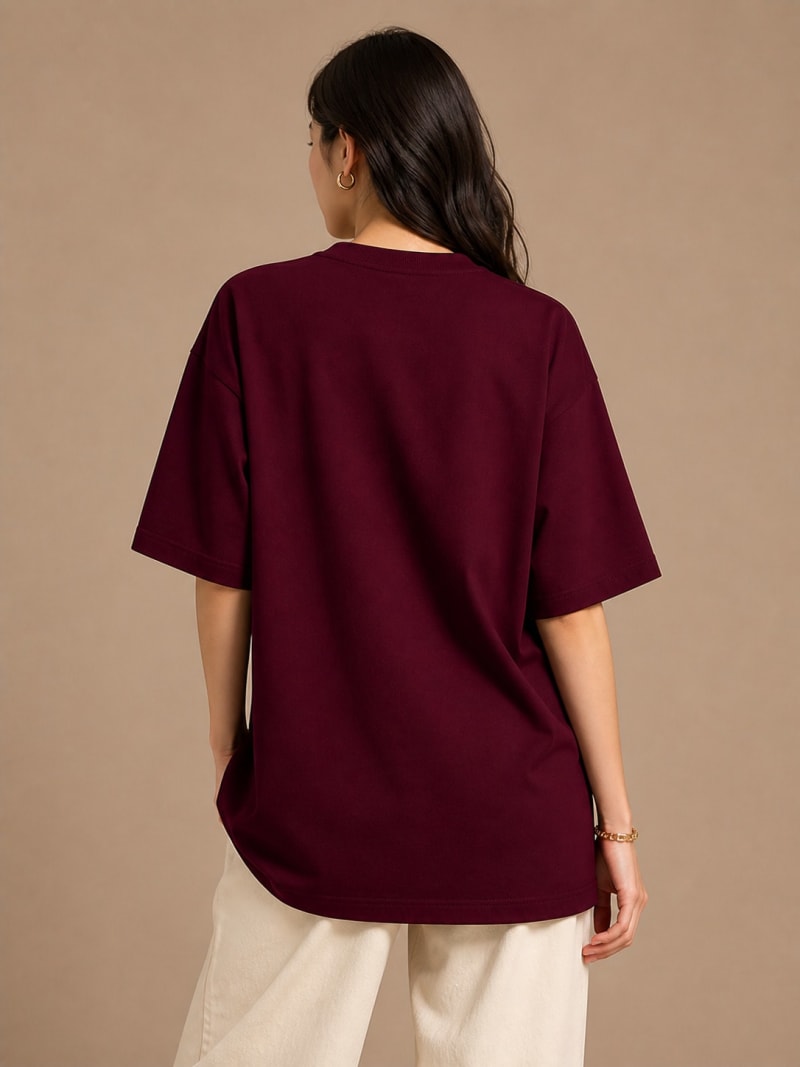 PockMAN Women Oversized Solid Pure Cotton Terry Maroon Tshirt - Image 6