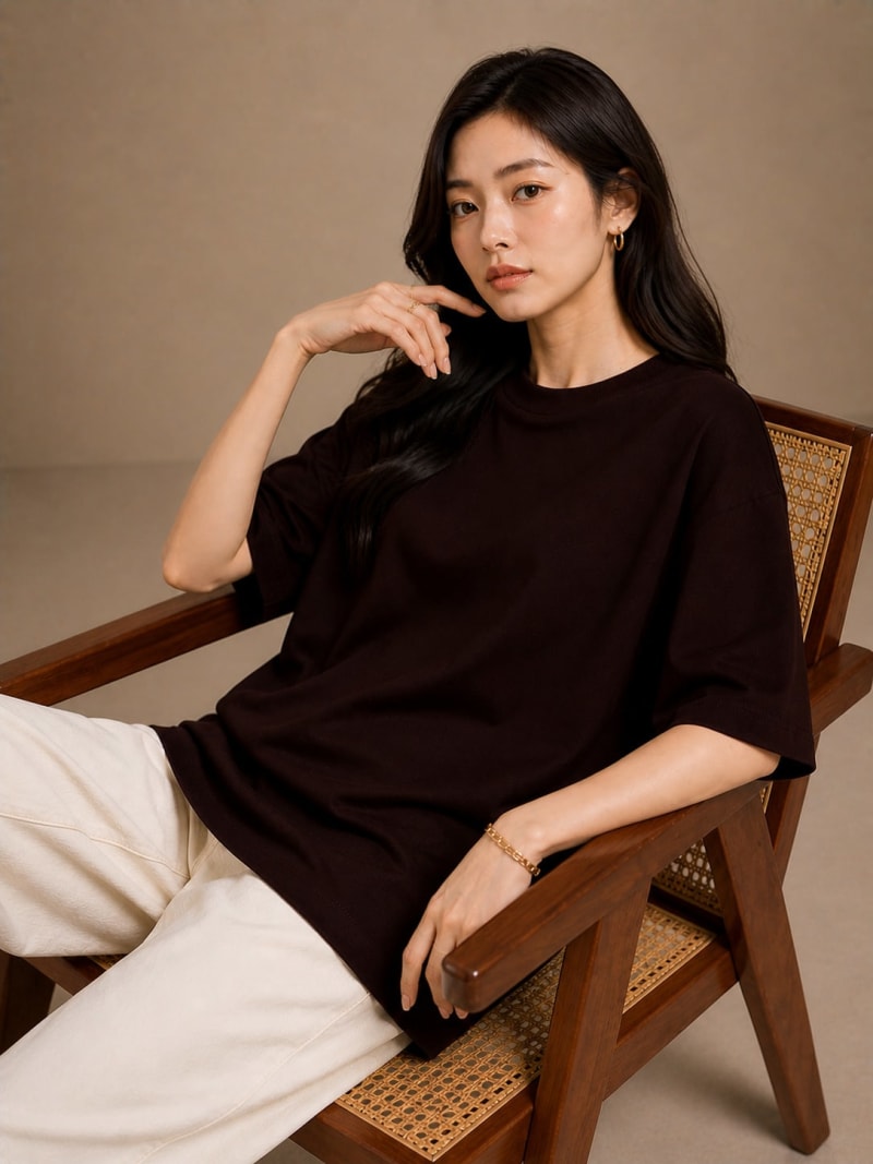 PockMAN Women Oversized Solid Pure Cotton Terry Dark Brown Tshirt - Image 4