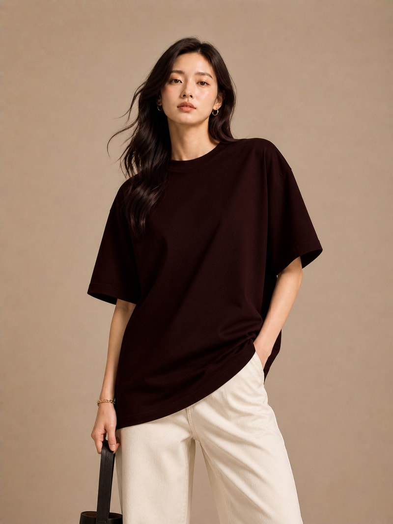 PockMAN Women Oversized Solid Pure Cotton Terry Dark Brown Tshirt - Image 3