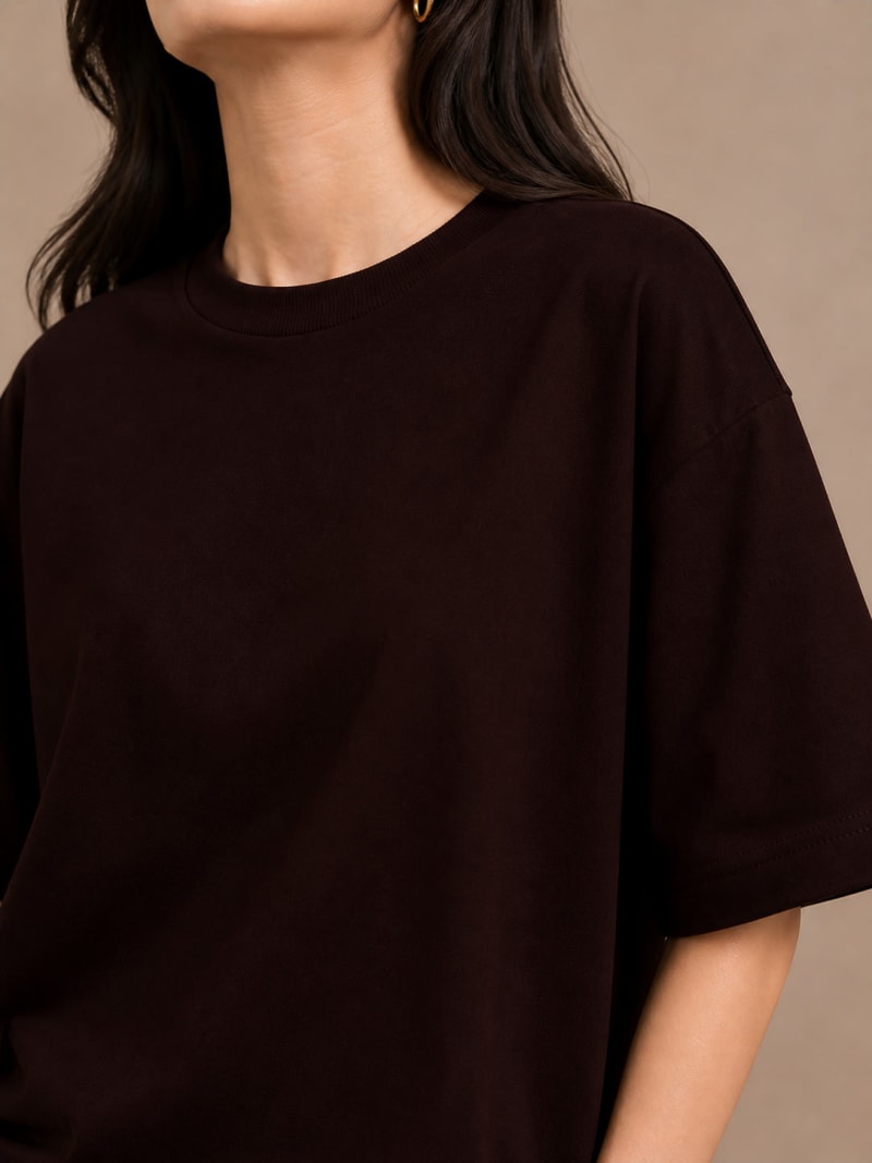 PockMAN Women Oversized Solid Pure Cotton Terry Dark Brown Tshirt - Image 5