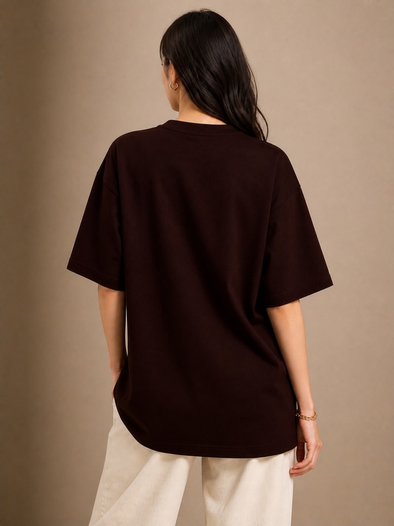 PockMAN Women Oversized Solid Pure Cotton Terry Dark Brown Tshirt - Image 6