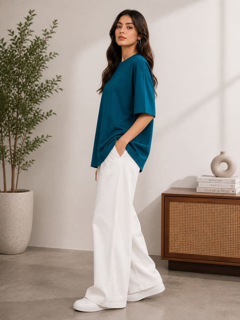 PockMAN Women Oversized Solid Pure Cotton Terry Teal Tshirt - Image 3