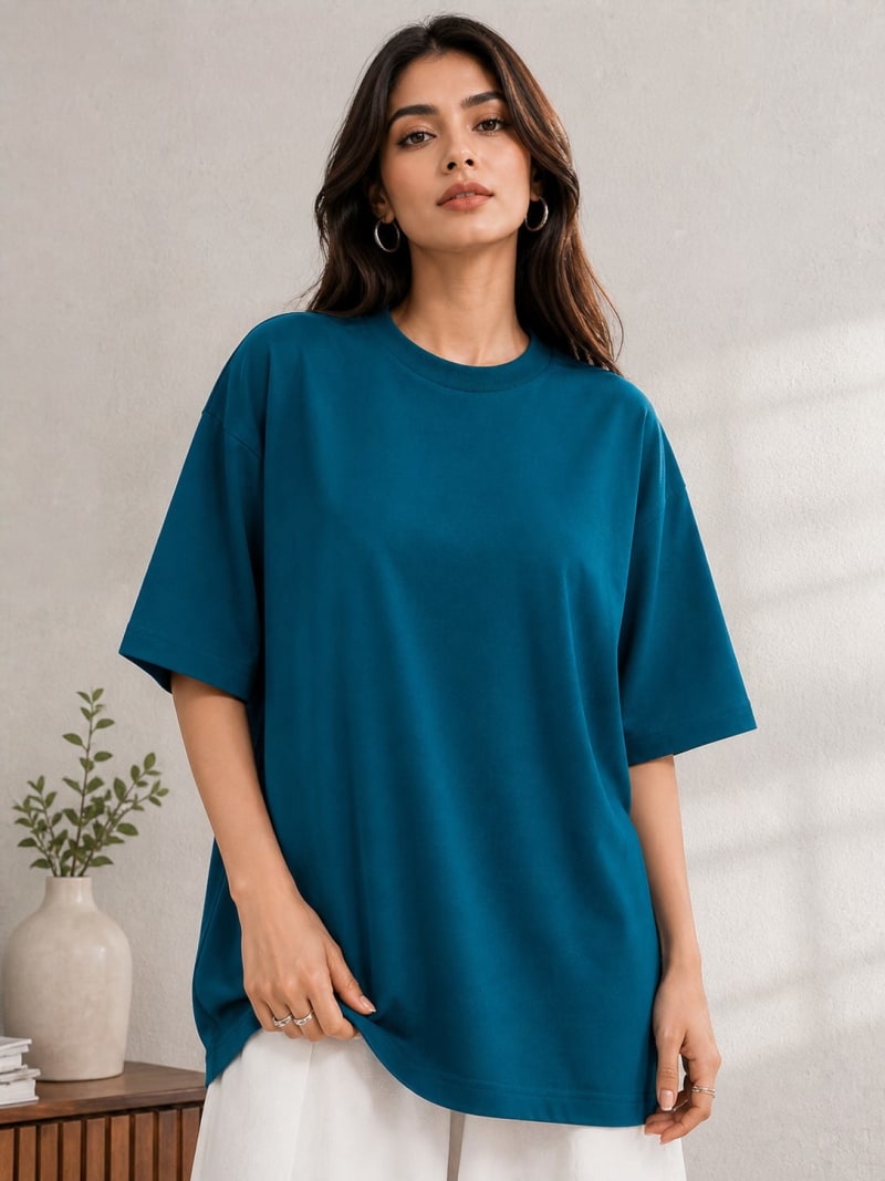 PockMAN Women Oversized Solid Pure Cotton Terry Teal Tshirt - Image 4