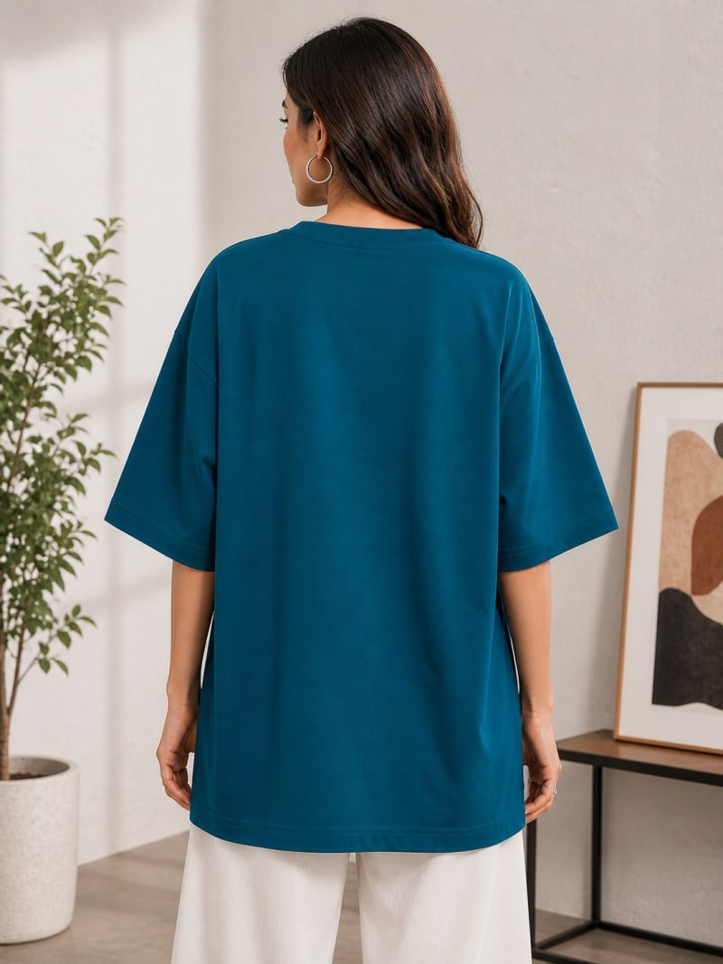 PockMAN Women Oversized Solid Pure Cotton Terry Teal Tshirt - Image 6