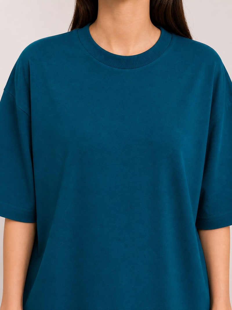 PockMAN Women Oversized Solid Pure Cotton Terry Teal Tshirt - Image 5