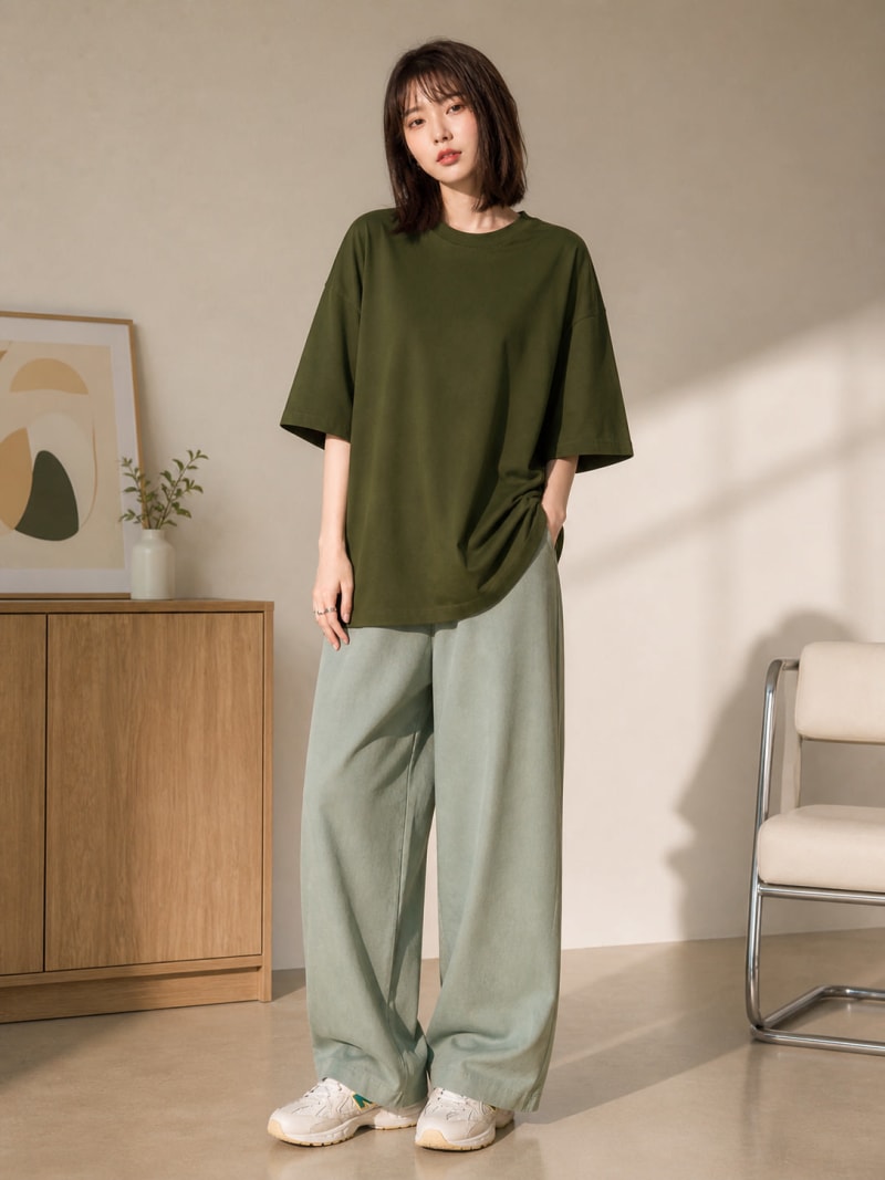 PockMAN Women Oversized Solid Pure Cotton Terry Dark Olive Tshirt - Image 4