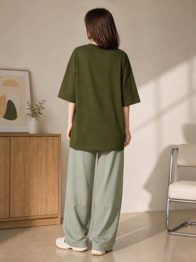 PockMAN Women Oversized Solid Pure Cotton Terry Dark Olive Tshirt - Image 5