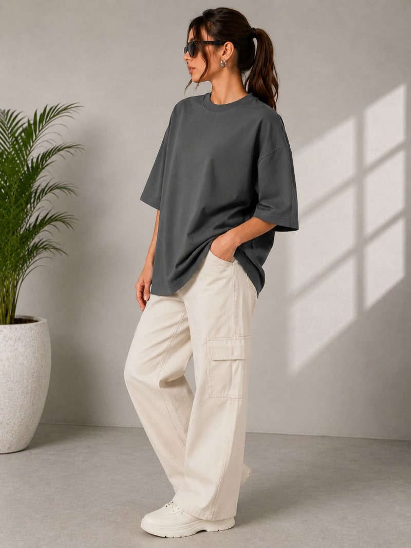 PockMAN Women Oversized Solid Pure Cotton Terry Charcoal Grey Tshirt - Image 3