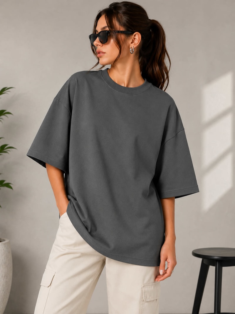 PockMAN Women Oversized Solid Pure Cotton Terry Charcoal Grey Tshirt - Image 4