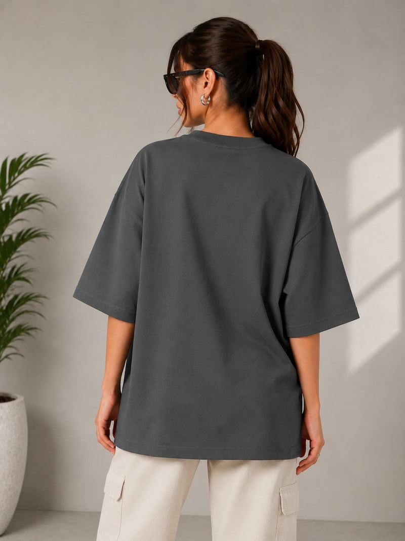 PockMAN Women Oversized Solid Pure Cotton Terry Charcoal Grey Tshirt - Image 6