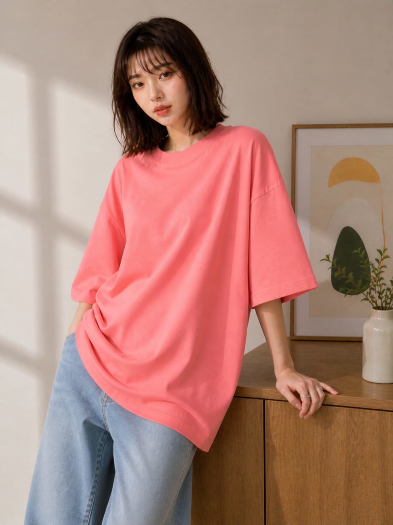 PockMAN Women Oversized Solid Pure Cotton Terry Light Red Tshirt - Image 3