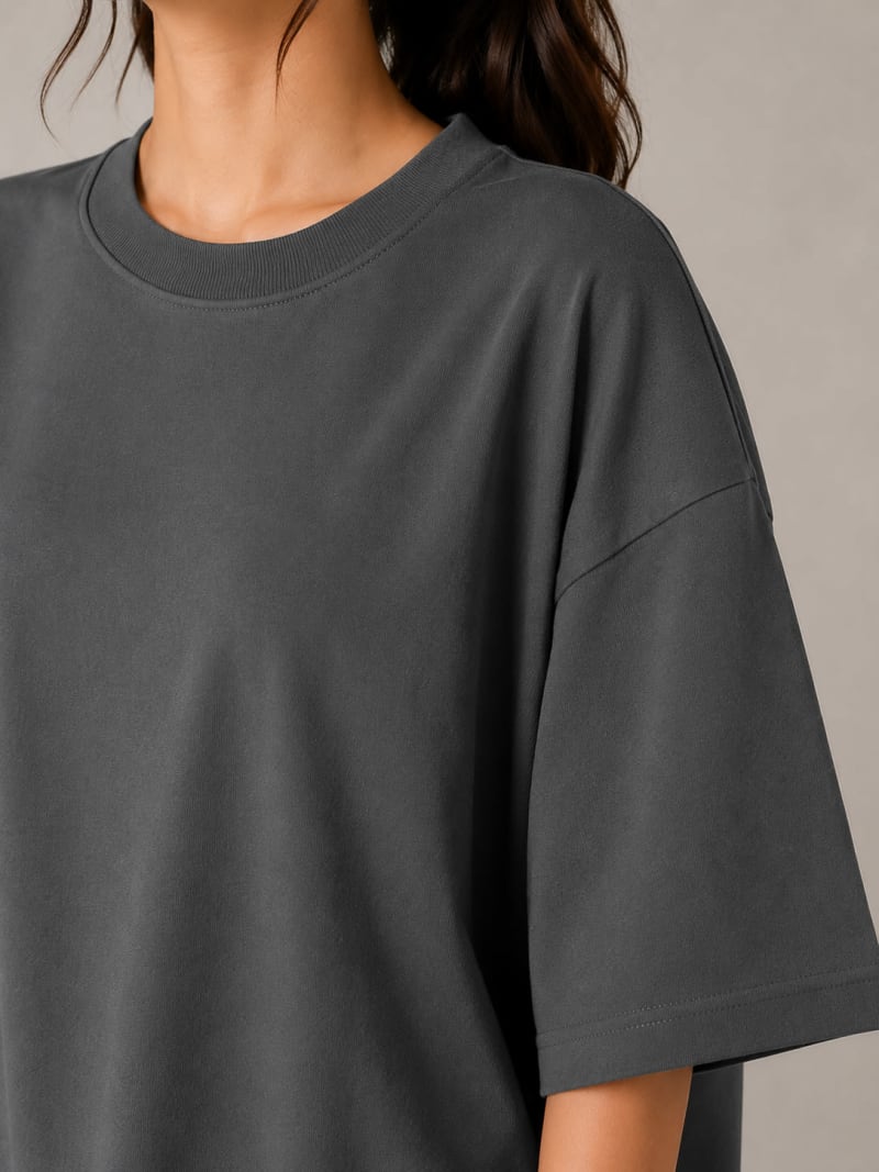 PockMAN Women Oversized Solid Pure Cotton Terry Charcoal Grey Tshirt - Image 5