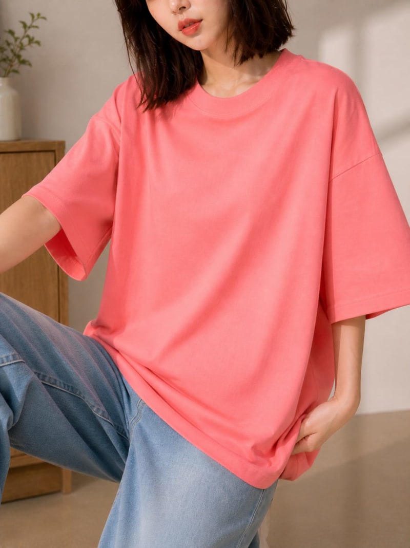 PockMAN Women Oversized Solid Pure Cotton Terry Light Red Tshirt - Image 5