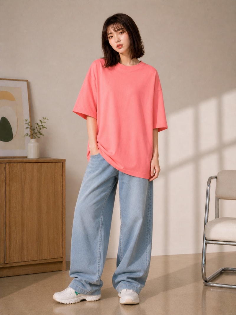 PockMAN Women Oversized Solid Pure Cotton Terry Light Red Tshirt - Image 4