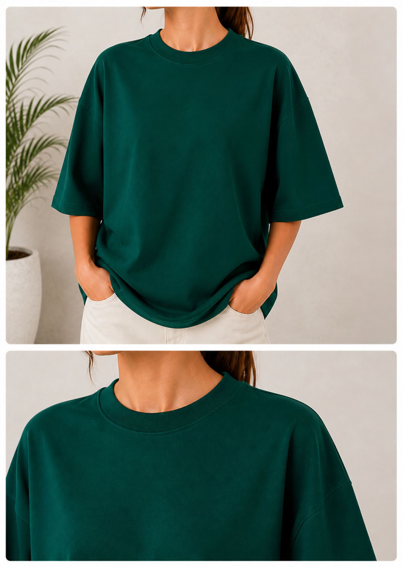 PockMAN Women Oversized Solid Pure Cotton Terry Bottle Green Tshirt - Image 5