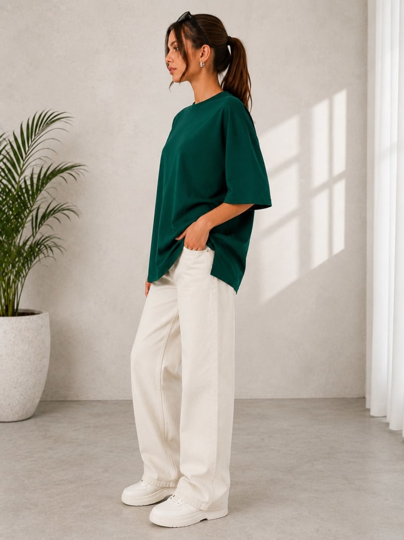 PockMAN Women Oversized Solid Pure Cotton Terry Bottle Green Tshirt - Image 4