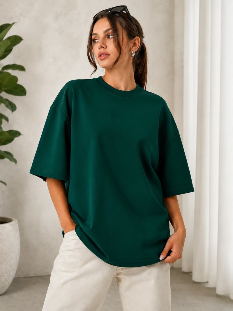PockMAN Women Oversized Solid Pure Cotton Terry Bottle Green Tshirt - Image 3