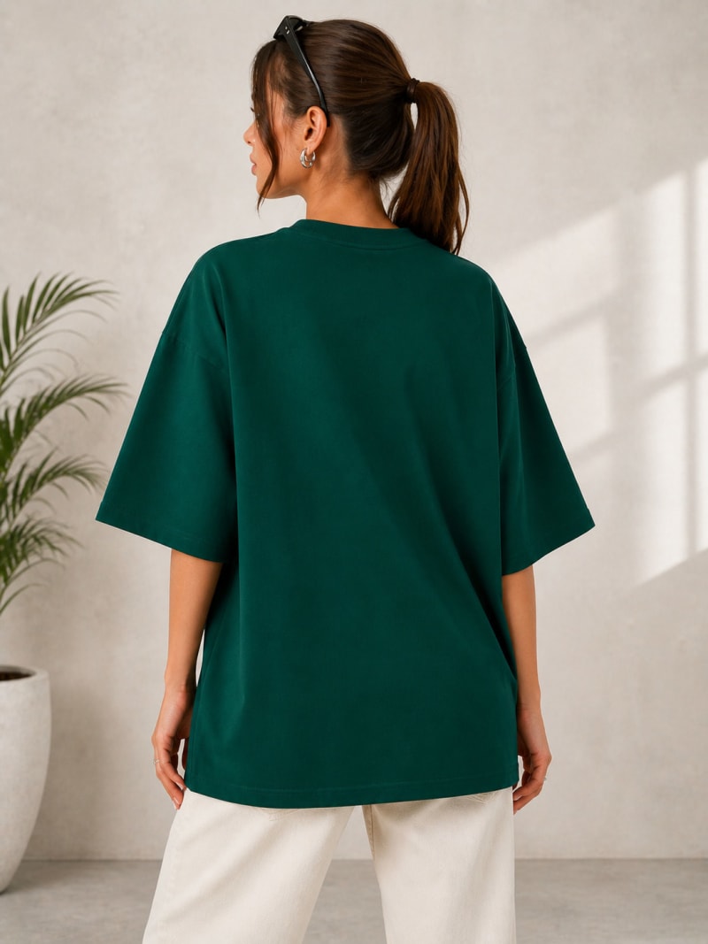 PockMAN Women Oversized Solid Pure Cotton Terry Bottle Green Tshirt - Image 6