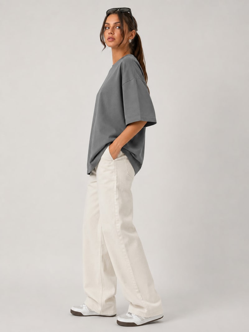 PockMAN Women Oversized Solid Pure Cotton Terry Light Grey Tshirt - Image 3