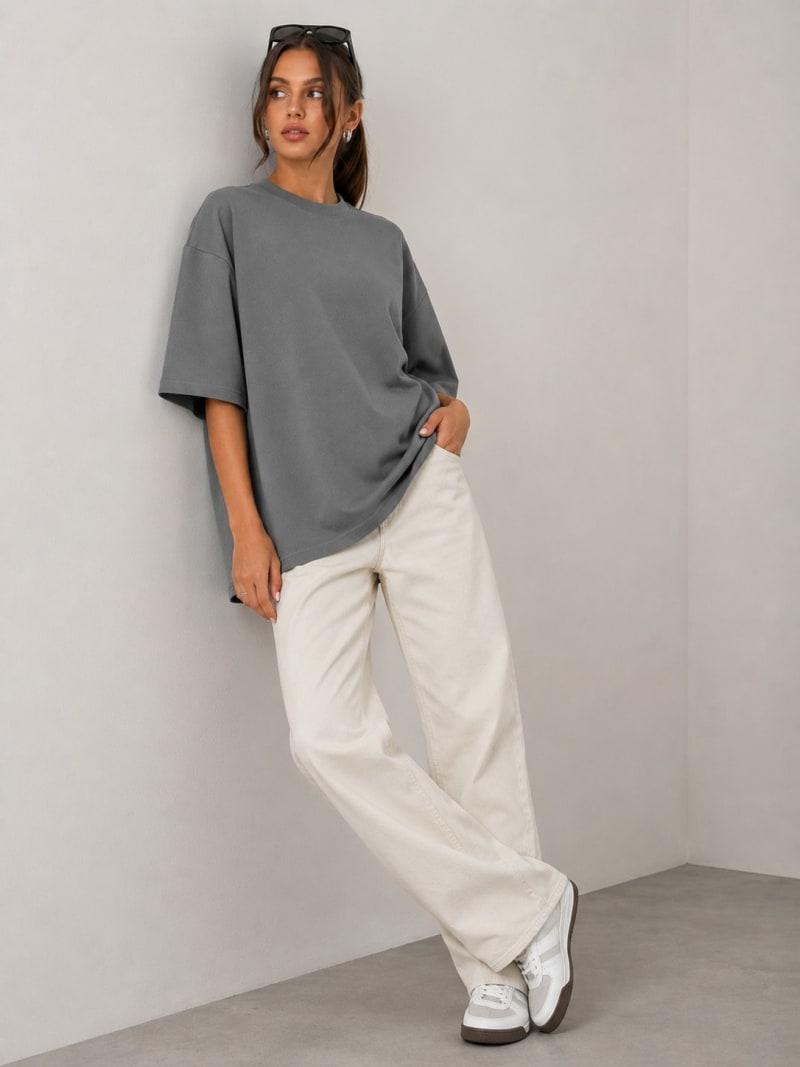 PockMAN Women Oversized Solid Pure Cotton Terry Light Grey Tshirt - Image 4