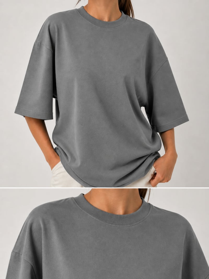 PockMAN Women Oversized Solid Pure Cotton Terry Light Grey Tshirt - Image 5