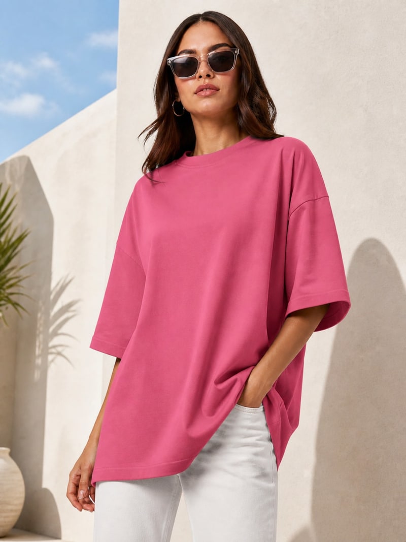 PockMAN Women Oversized Solid Pure Cotton Terry Coral Pink Tshirt - Image 3