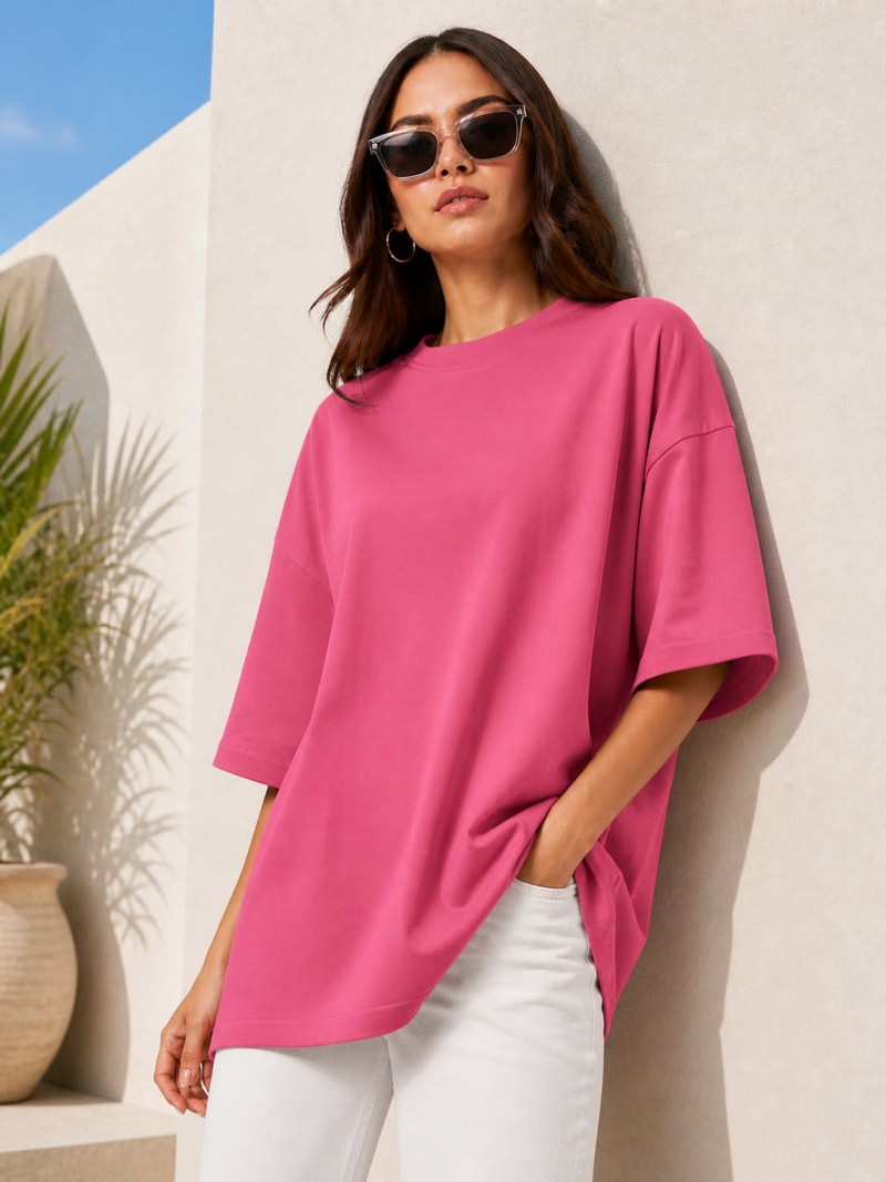 PockMAN Women Oversized Solid Pure Cotton Terry Coral Pink Tshirt - Image 4