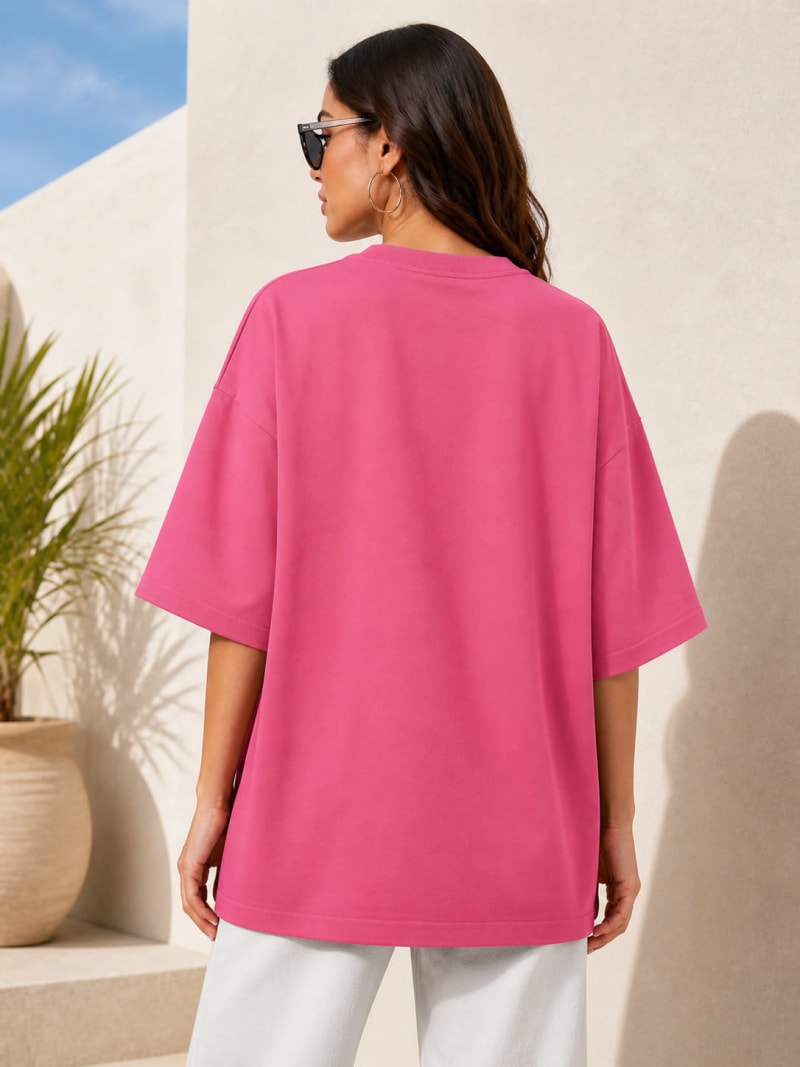 PockMAN Women Oversized Solid Pure Cotton Terry Coral Pink Tshirt - Image 6