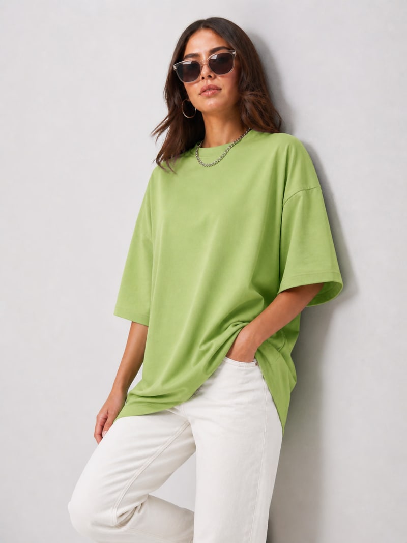 PockMAN Women Oversized Solid Pure Cotton Terry Dull Green Tshirt - Image 4