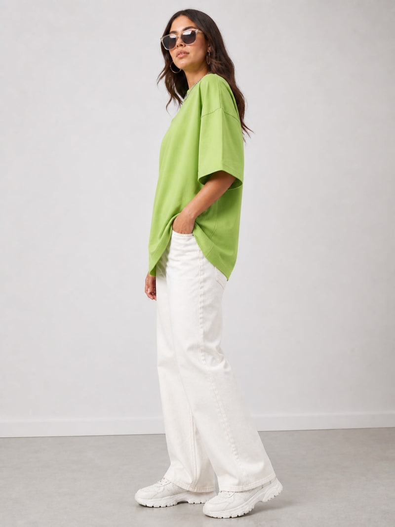PockMAN Women Oversized Solid Pure Cotton Terry Dull Green Tshirt - Image 3
