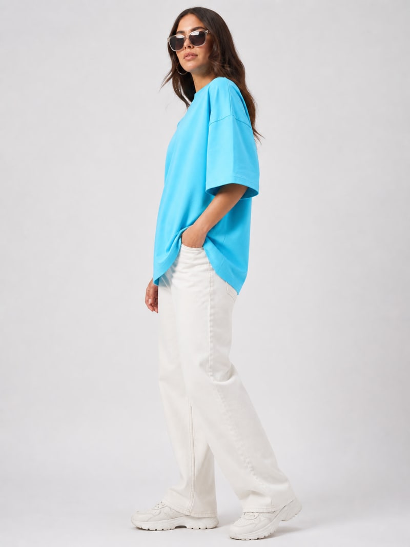 PockMAN Women Oversized Solid Pure Cotton Terry Cloudy Blue Tshirt - Image 3