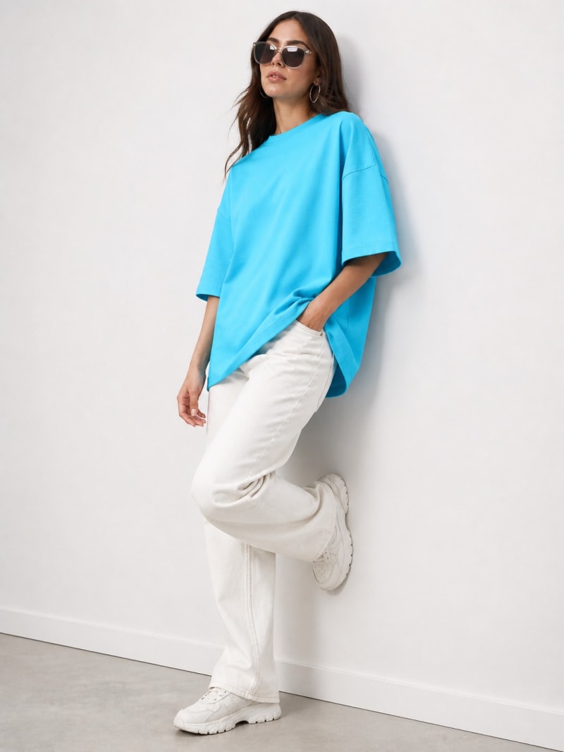 PockMAN Women Oversized Solid Pure Cotton Terry Cloudy Blue Tshirt - Image 4