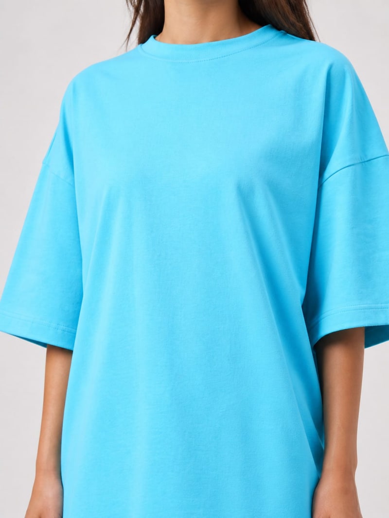 PockMAN Women Oversized Solid Pure Cotton Terry Cloudy Blue Tshirt - Image 5