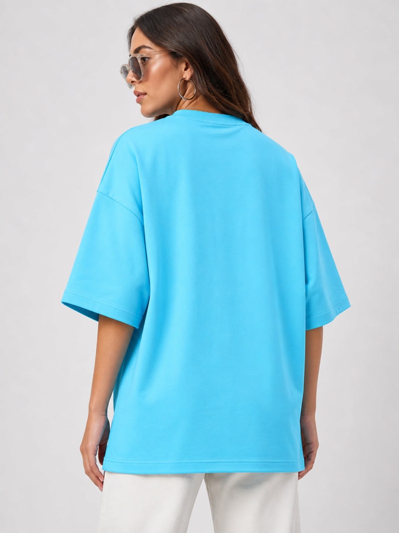 PockMAN Women Oversized Solid Pure Cotton Terry Cloudy Blue Tshirt - Image 6