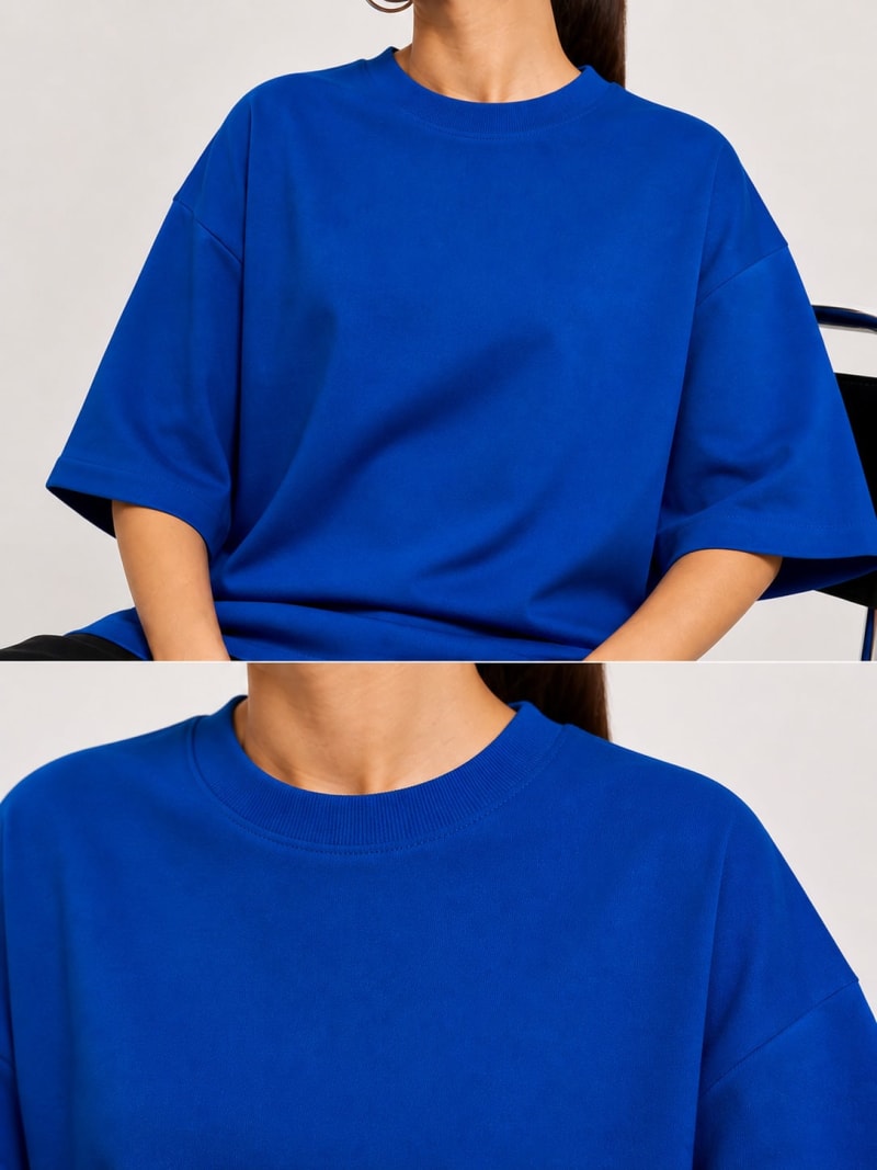 PockMAN Women Oversized Solid Pure Cotton Terry Royal Blue Tshirt - Image 5