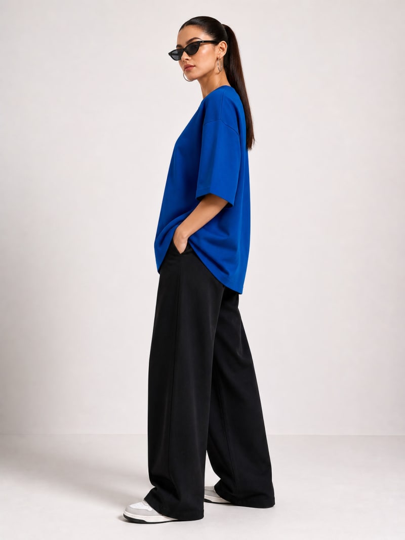 PockMAN Women Oversized Solid Pure Cotton Terry Royal Blue Tshirt - Image 3