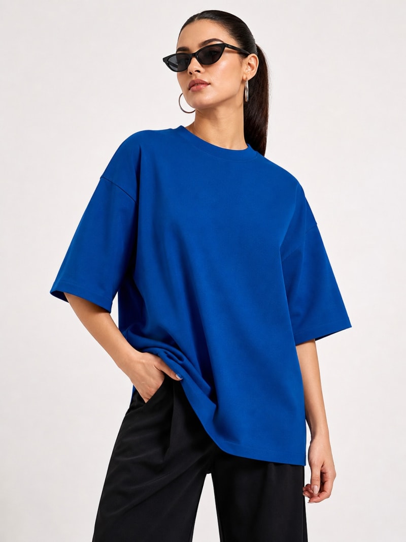 PockMAN Women Oversized Solid Pure Cotton Terry Royal Blue Tshirt - Image 4