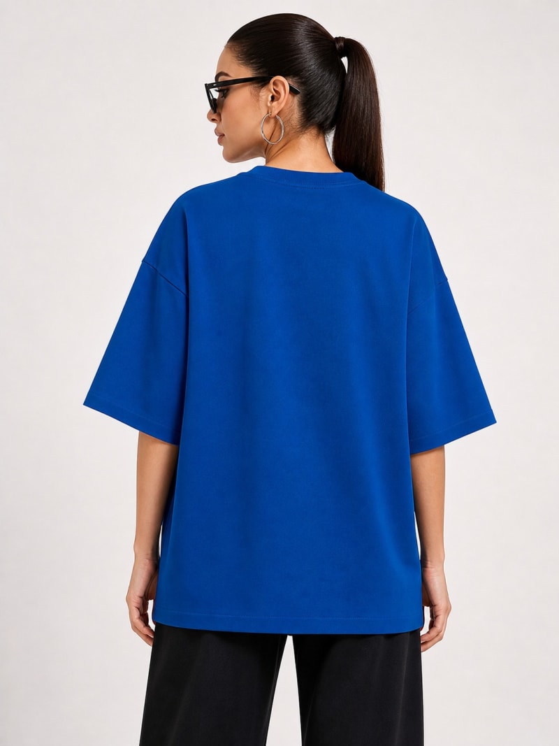 PockMAN Women Oversized Solid Pure Cotton Terry Royal Blue Tshirt - Image 6