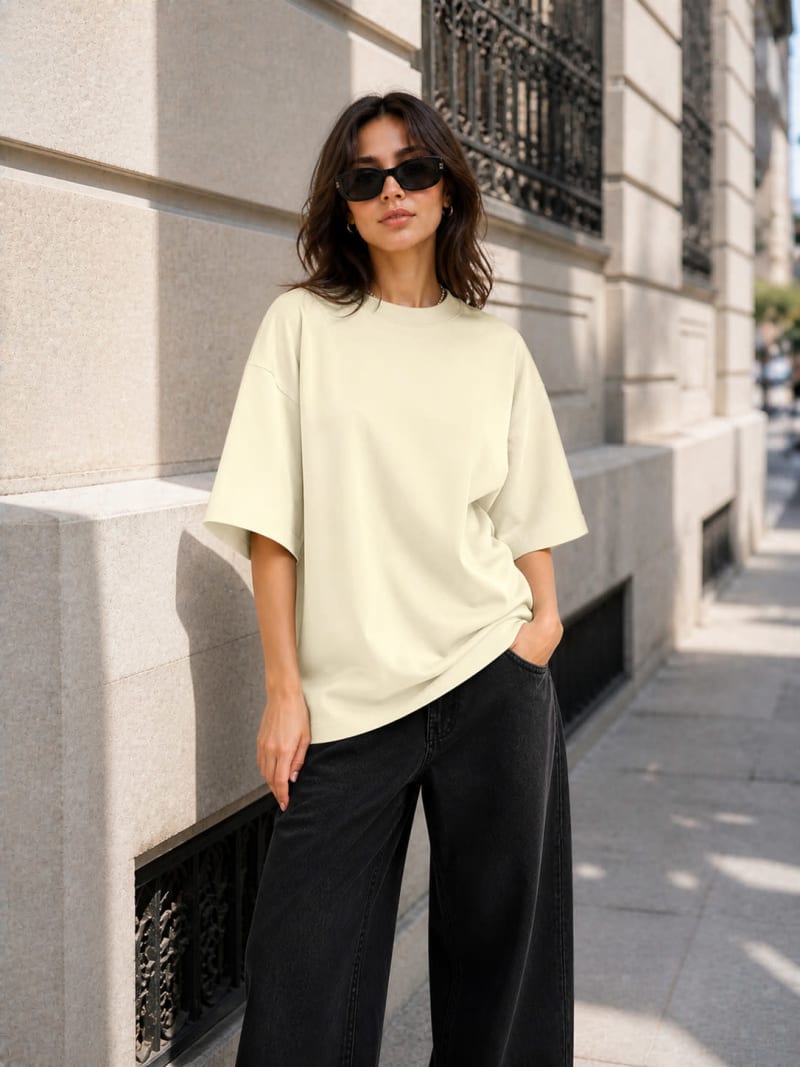PockMAN Women Oversized Solid Pure Cotton Terry Fawn Beige Tshirt - Image 4