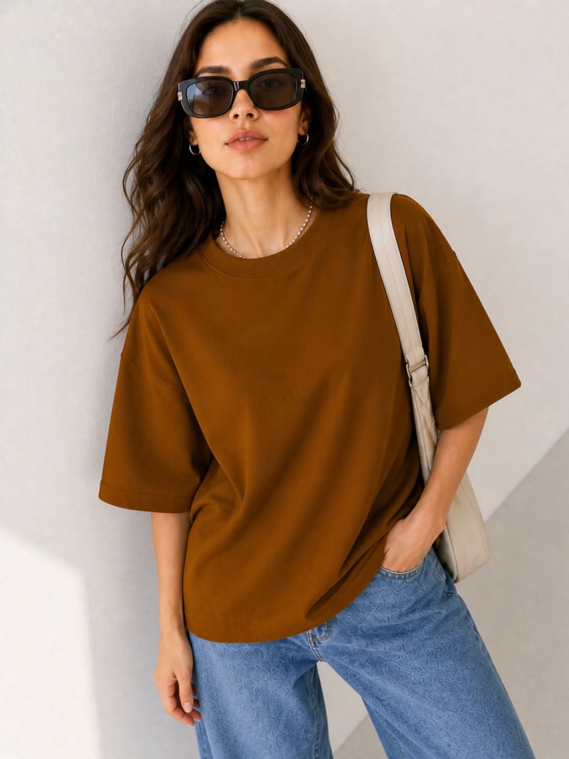 PockMAN Women Oversized Solid Pure Cotton Terry Brown  Tshirt - Image 3