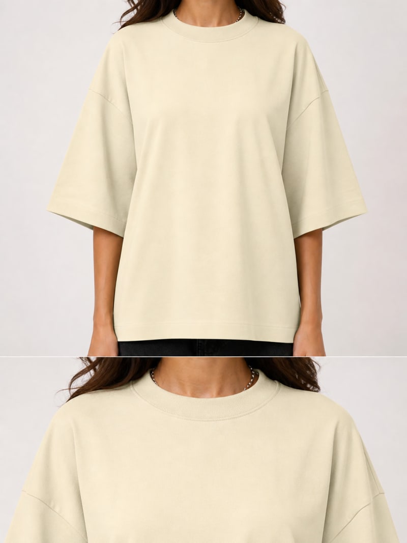 PockMAN Women Oversized Solid Pure Cotton Terry Fawn Beige Tshirt - Image 5