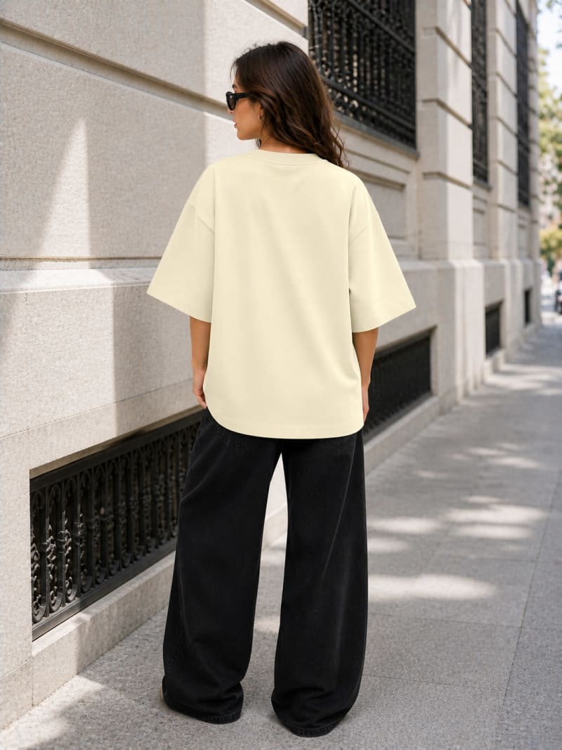 PockMAN Women Oversized Solid Pure Cotton Terry Fawn Beige Tshirt - Image 6