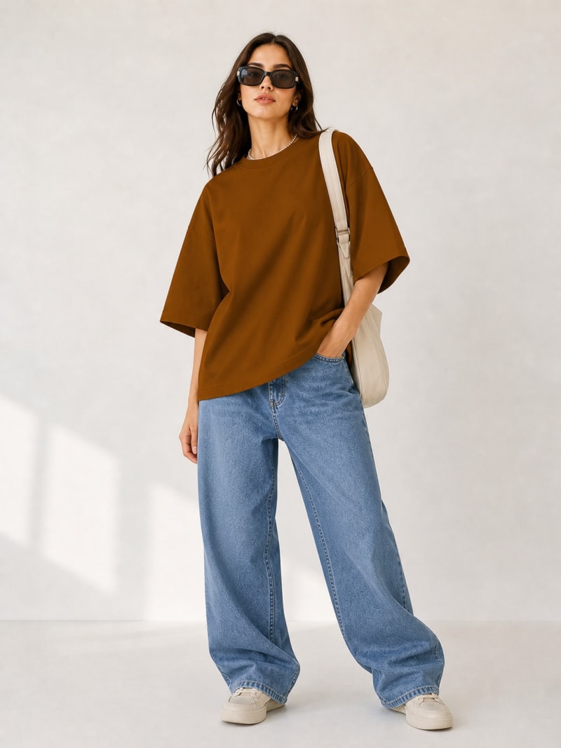 PockMAN Women Oversized Solid Pure Cotton Terry Brown  Tshirt - Image 4