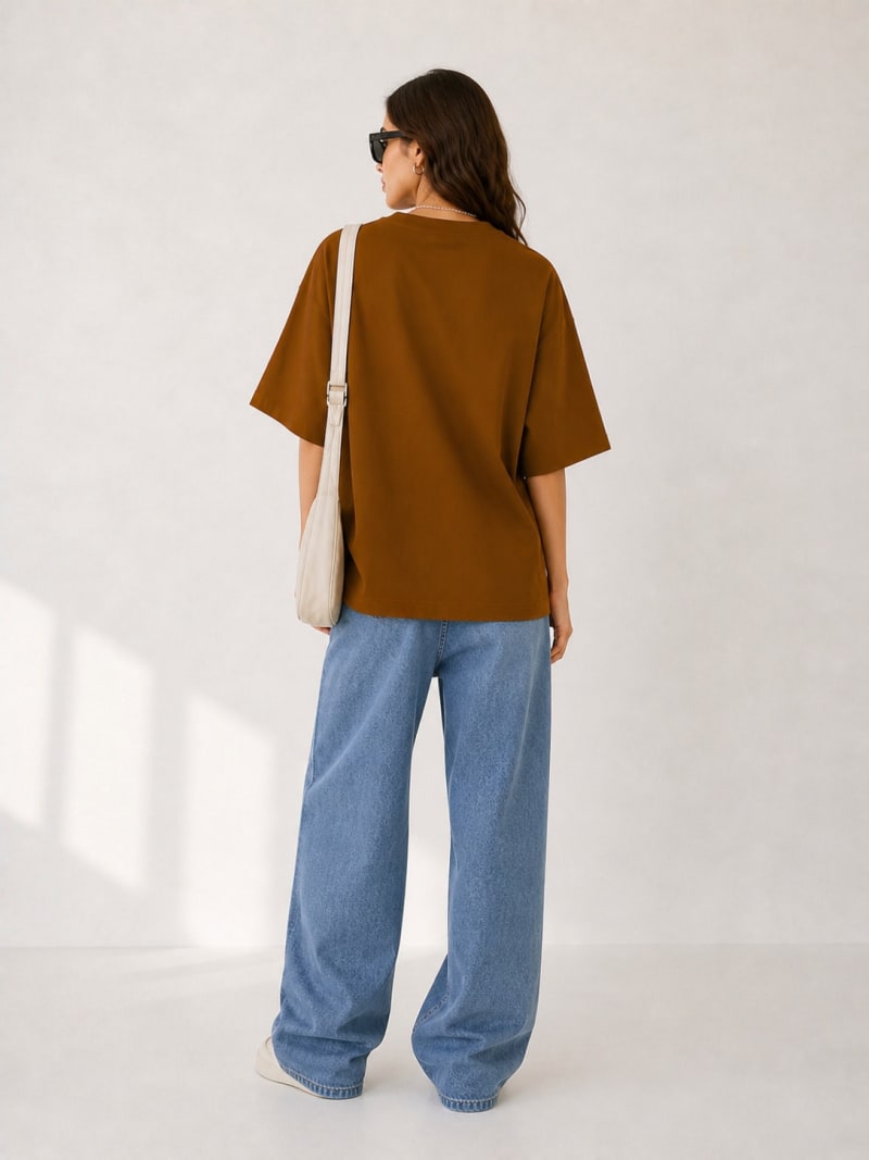 PockMAN Women Oversized Solid Pure Cotton Terry Brown  Tshirt - Image 6