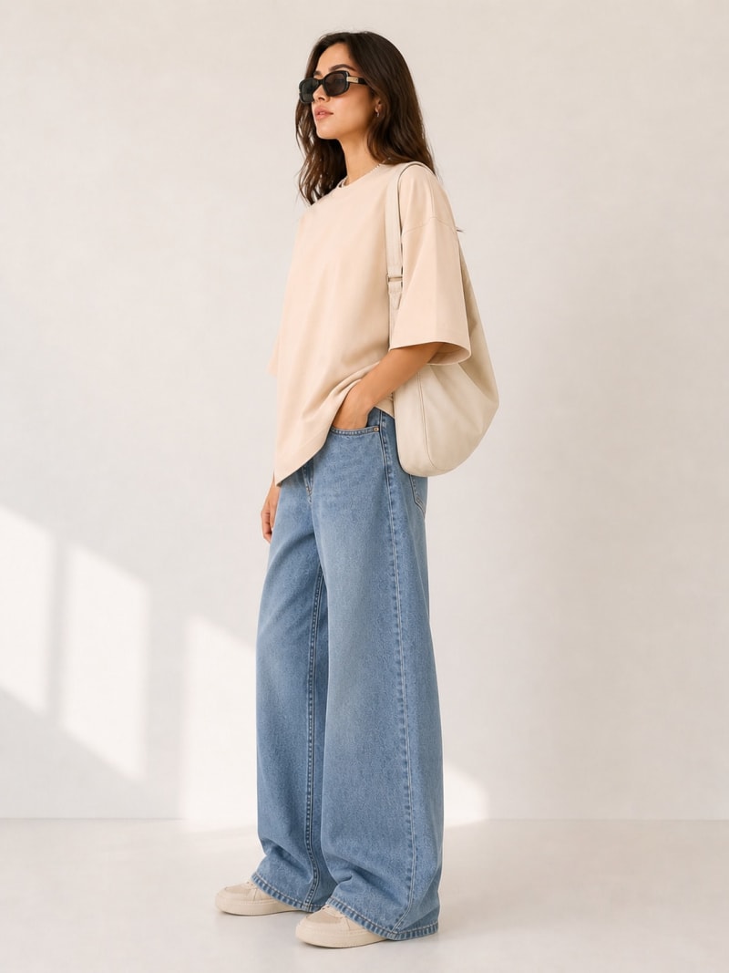 PockMAN Women Oversized Solid Pure Cotton Terry Desert Sand Tshirt - Image 3