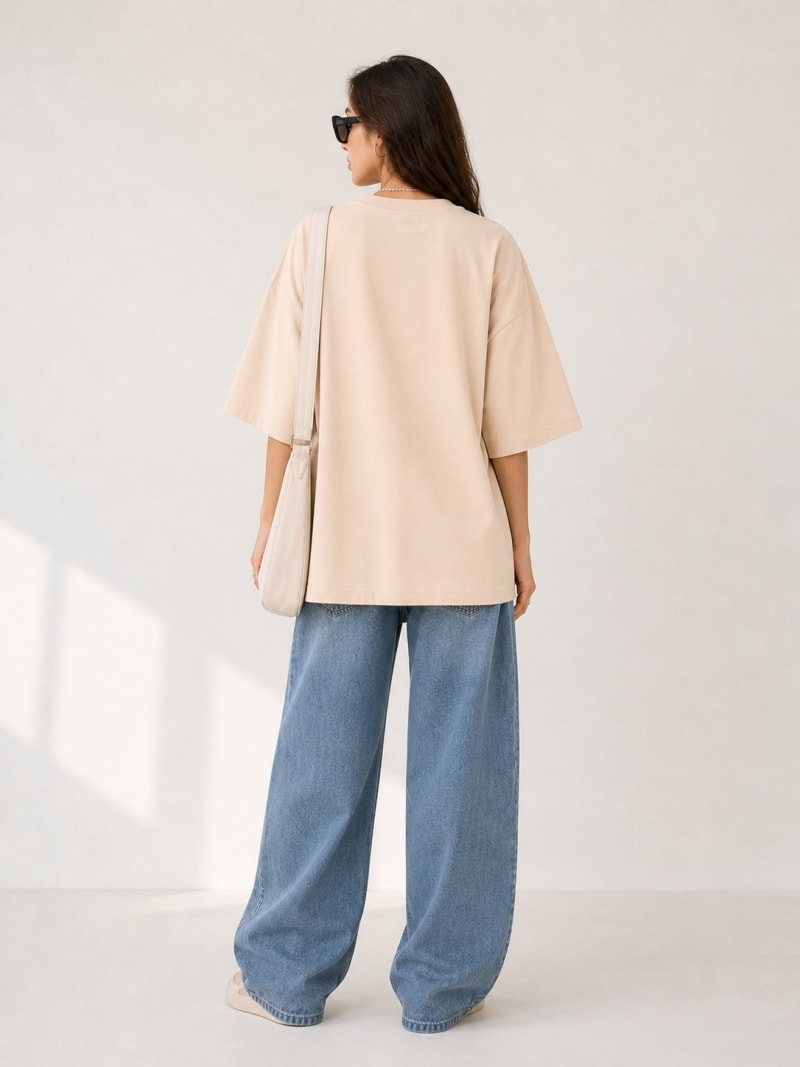 PockMAN Women Oversized Solid Pure Cotton Terry Desert Sand Tshirt - Image 6